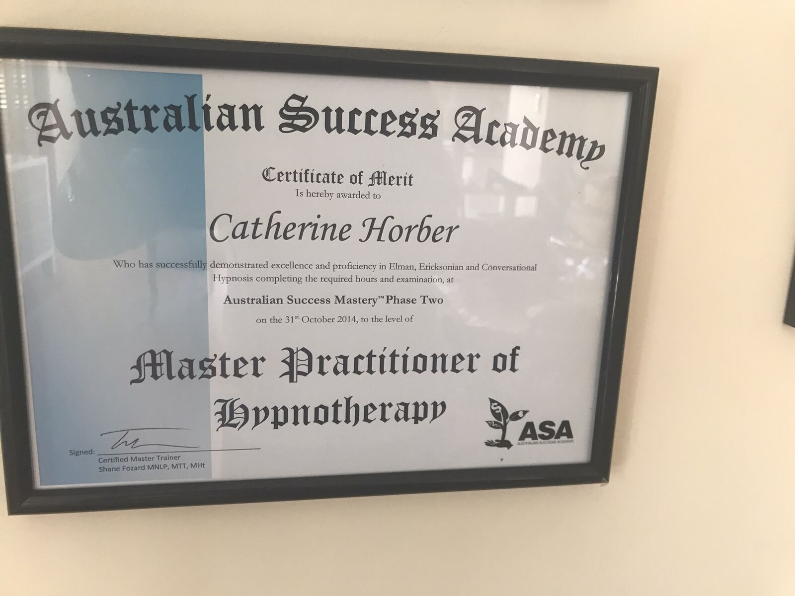 Master Practitioner of Hypnotherapy certificate